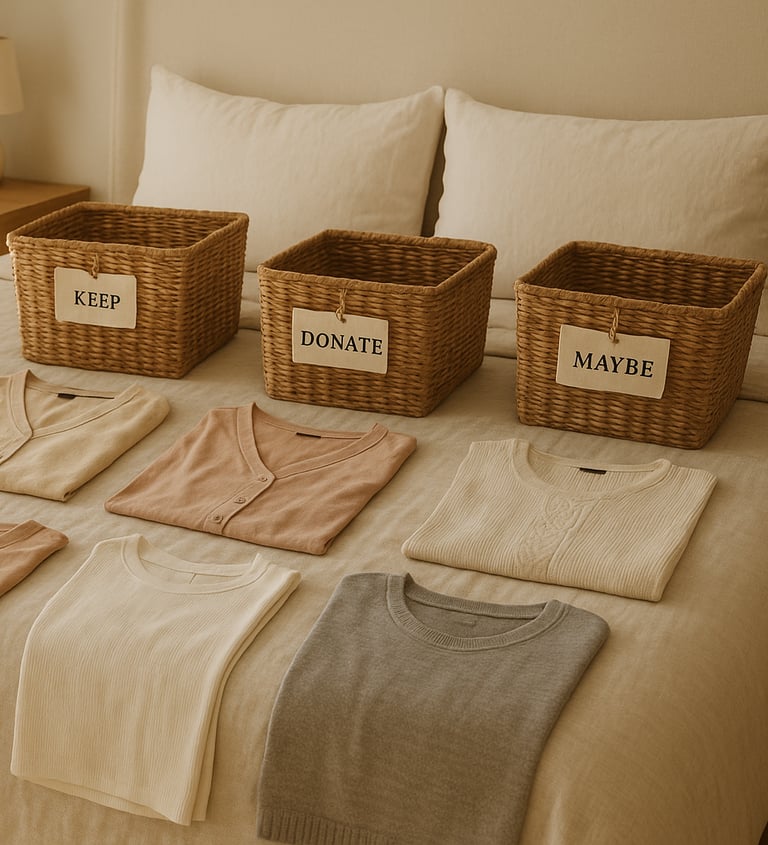 A cozy, sunlit bedroom with clothes neatly spread across a linen duvet, three wicker baskets labeled