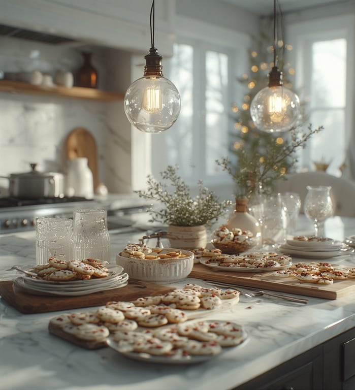 A kitchen island set for entertaining: minimalist glassware, charcuterie boards.