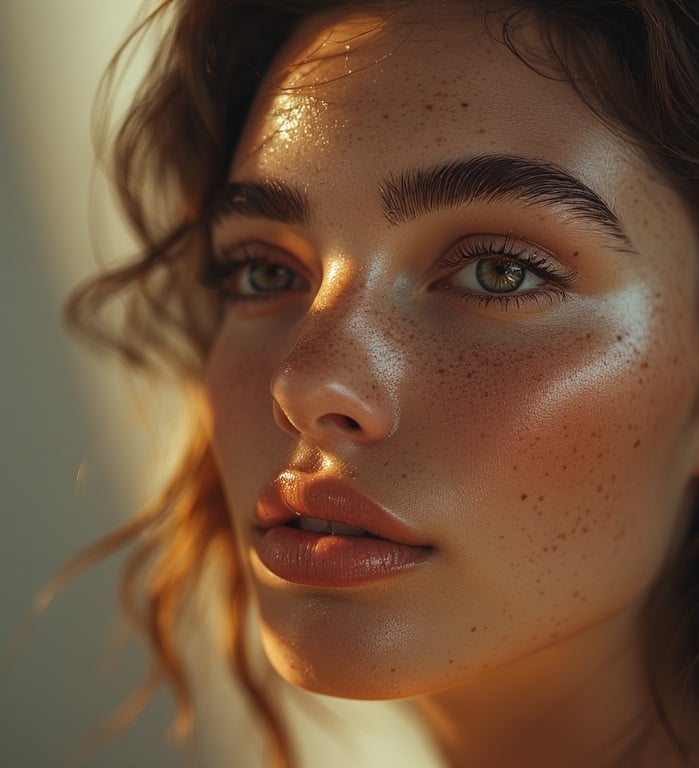 portrait of a Gen Z woman with warm bronzed skin, soft contour, and natural freckles.