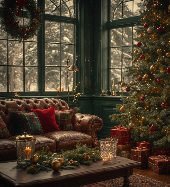 Ralph Lauren–style Christmas living room with tartan sofa and decorated tree.