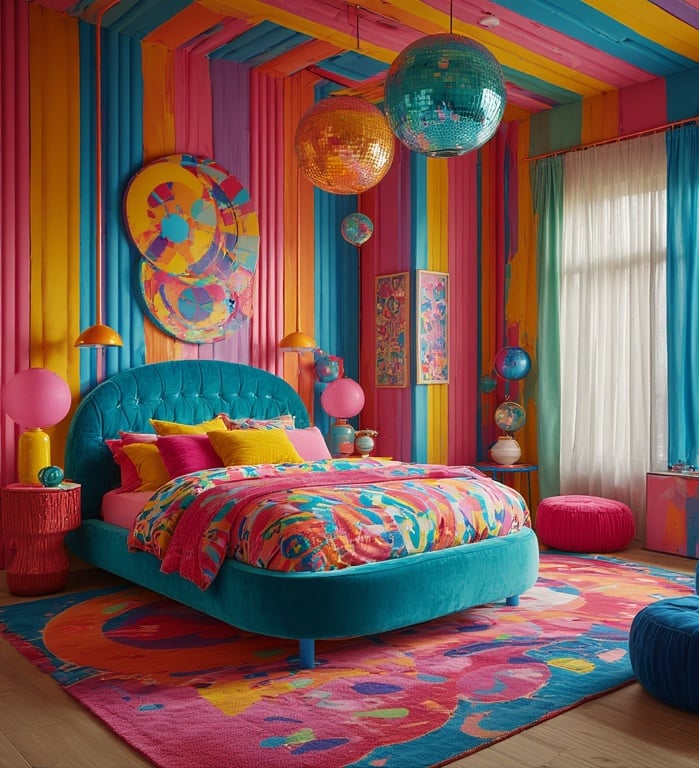 Immersive FunHaus bedroom scene blending bold stripes