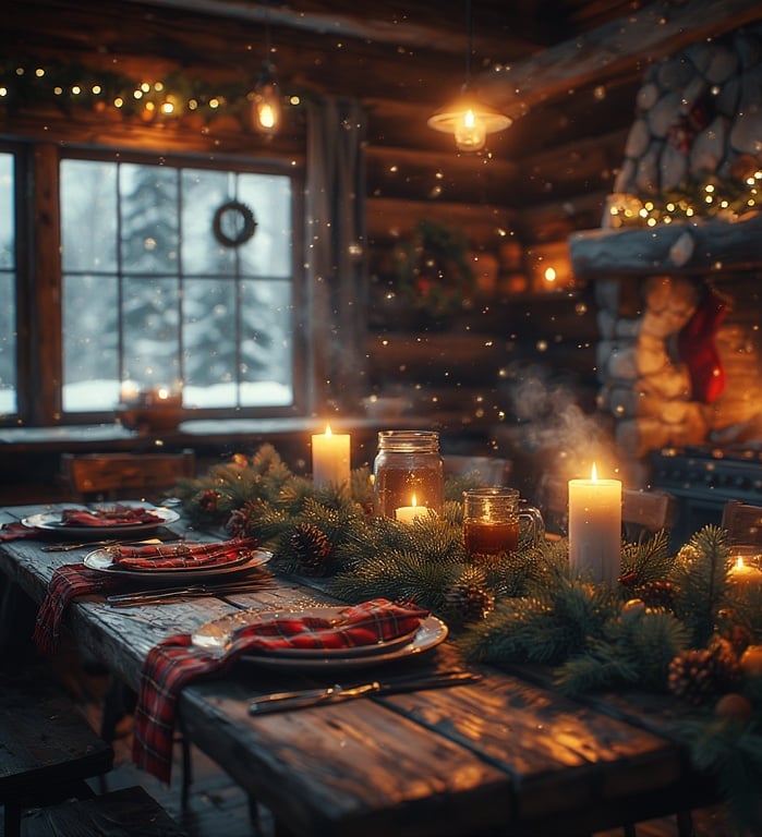Warm cabin kitchen on a snowy night with a rustic Christmas table set with plaid napkins.