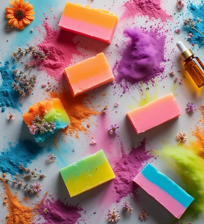 Square editorial flat lay showcasing a vibrant collection of neon handmade soap bars 