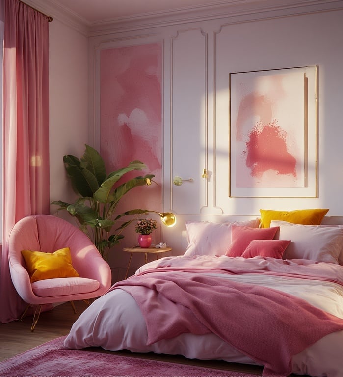 Rose pink bedroom aesthetic with modern decor, colorful accents, and soft lighting
