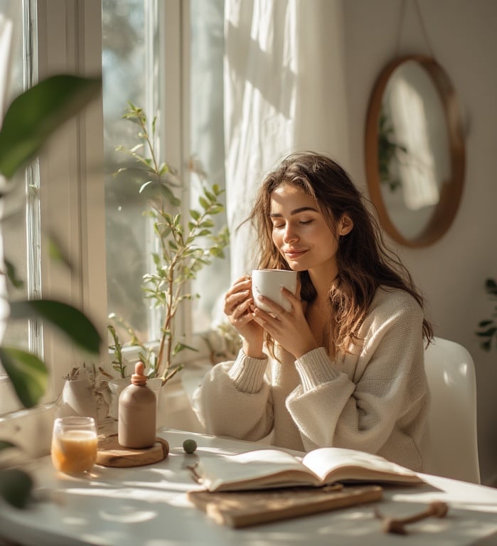Woman enjoying a calm morning at home with beauty and wellness items on the table.
