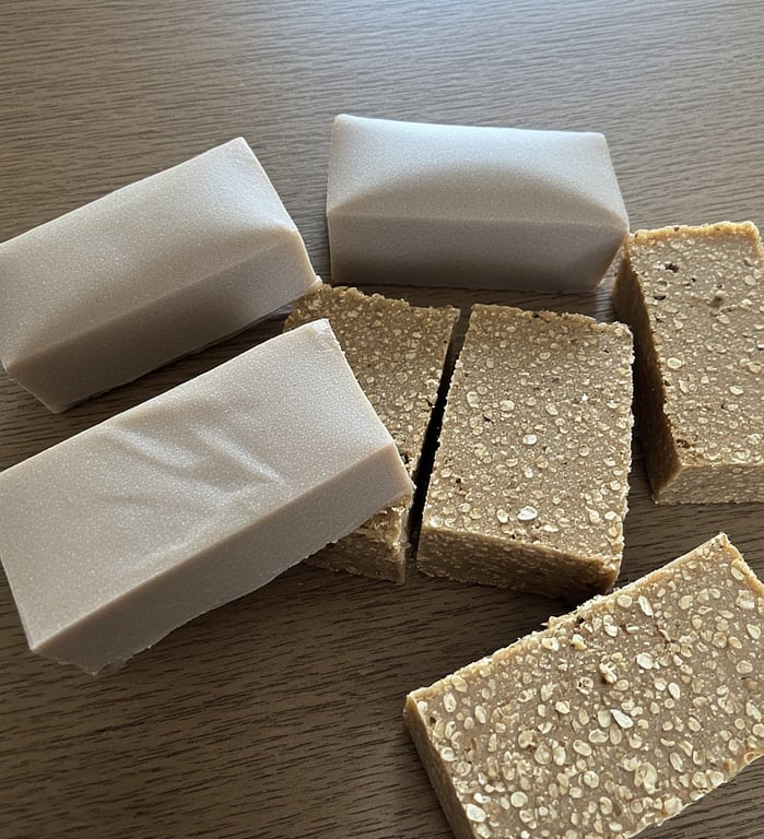 Finished rectangle coffee oat soap bars resting on wooden rustic table