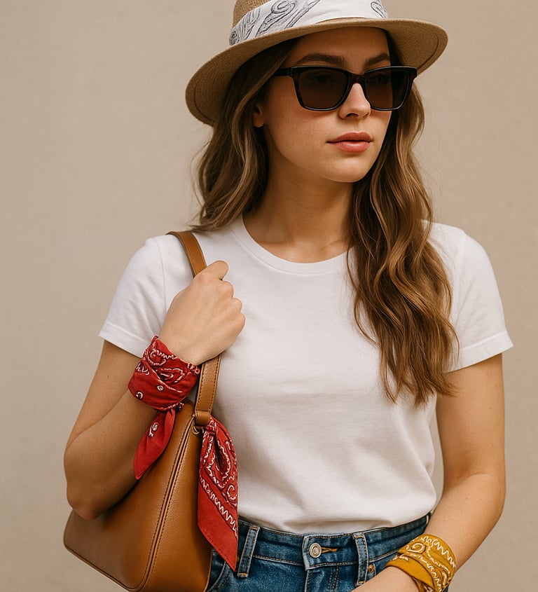 young woman with hat and bandanas as a bracelet and purse decor