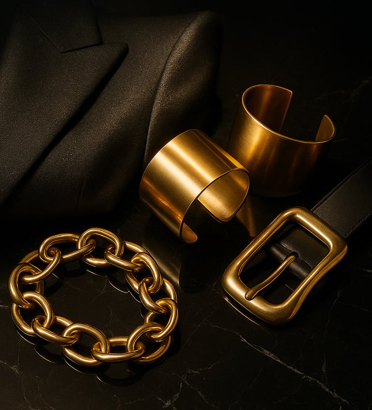 Still-life editorial of Glamoratti elements: chunky gold cuffs, oversized chain necklace