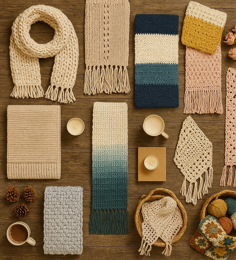 Ten handmade crochet scarves on a wooden surface with yarn, coffee, and cozy details.