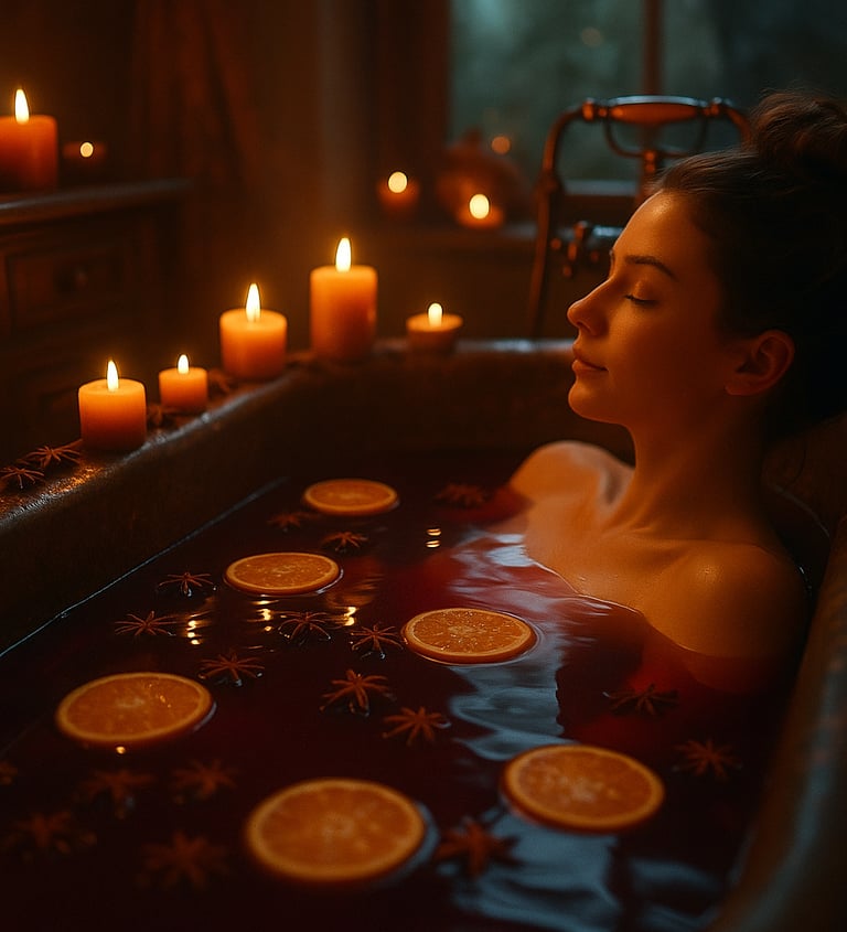 Woman relaxing in a candlelit bath with orange slices and star anise floating in warm, red water