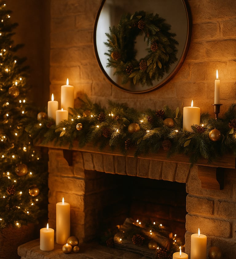 Rustic Christmas mantel with garland, candles, pinecones, and a wreath above a glowing fireplace.