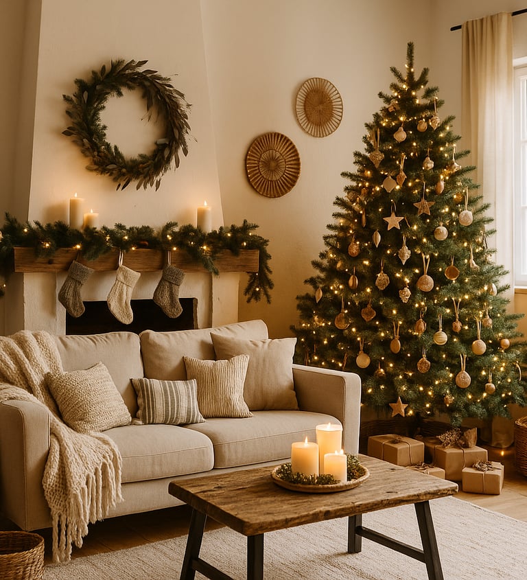 Boho Christmas living room with decorated tree, beige sofa, candles, and cozy natural decor.