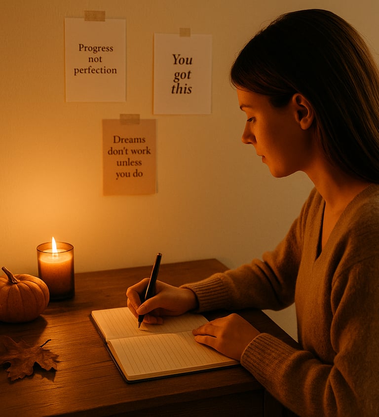 Cozy journaling setup with candle and pumpkin symbolizing self-reflection in October.