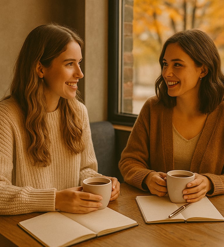 Friends discussing October goals over coffee symbolizing accountability and connection.