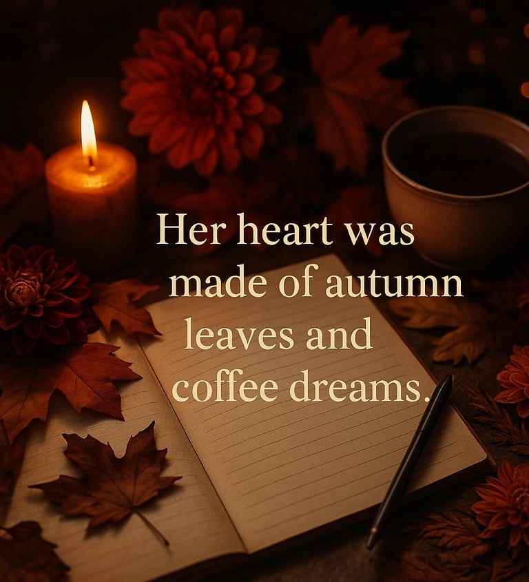Candlelit autumn flat-lay with an open journal, cup of tea, dried leaves, and flowers