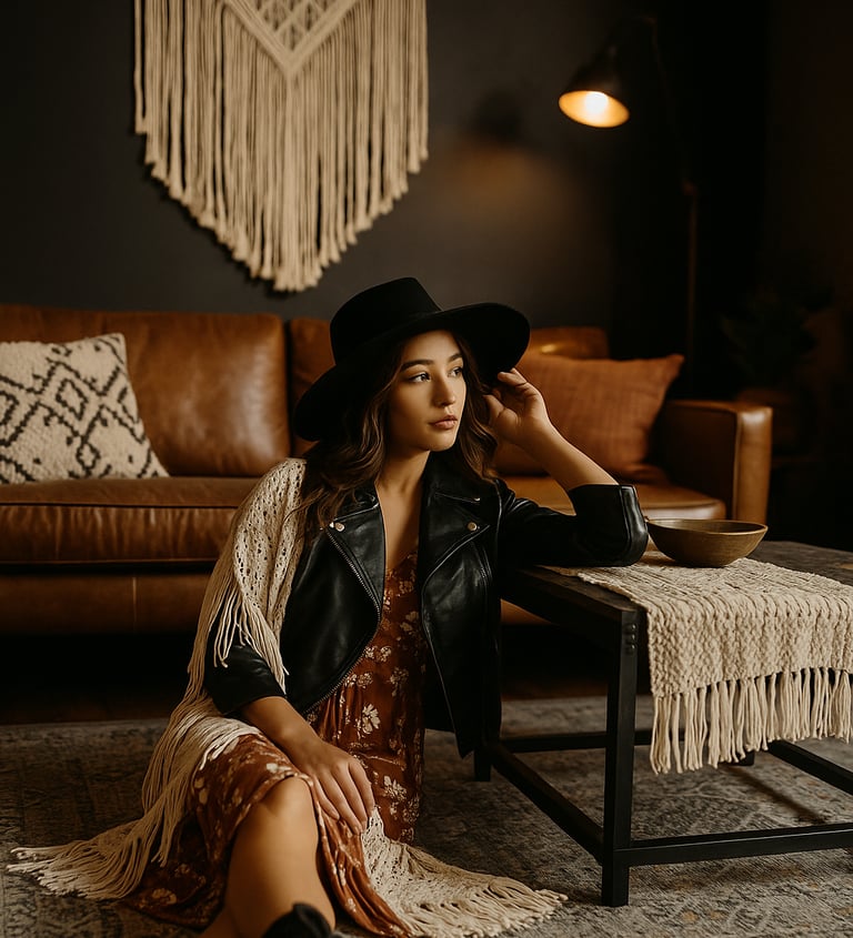 Woman in Moto Boho outfit—leather jacket, floral dress, fringe shawl, and boots—sitting on a rug 