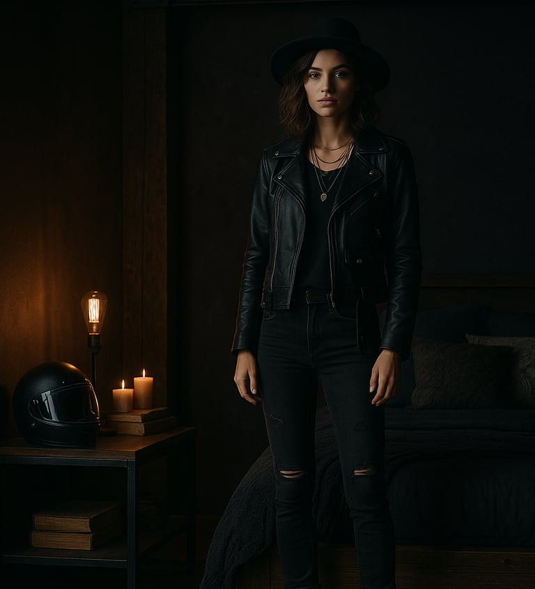 Woman in black leather jacket and distressed jeans stands in a dark Moto Boho bedroom
