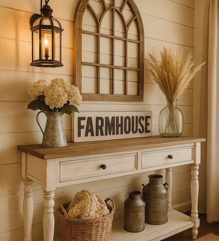 Cozy farmhouse vignette featuring woven baskets, rustic candle holders, small potted plants