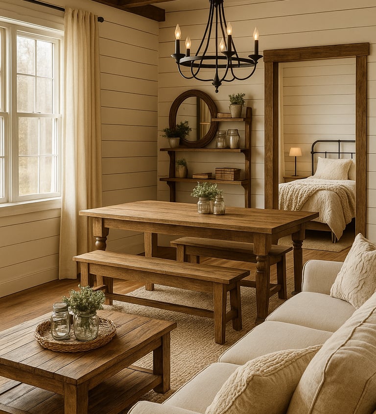armhouse-style open living and dining space with reclaimed wood dining table, linen slipcovered sofa