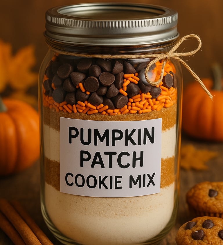 Pumpkin cookie mix jar with flour, sugar, chocolate chips, and orange sprinkles.