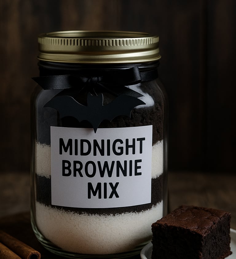 Mason jar of Midnight Brownie Mix with black cocoa and sugar layers, decorated with bat ribbon