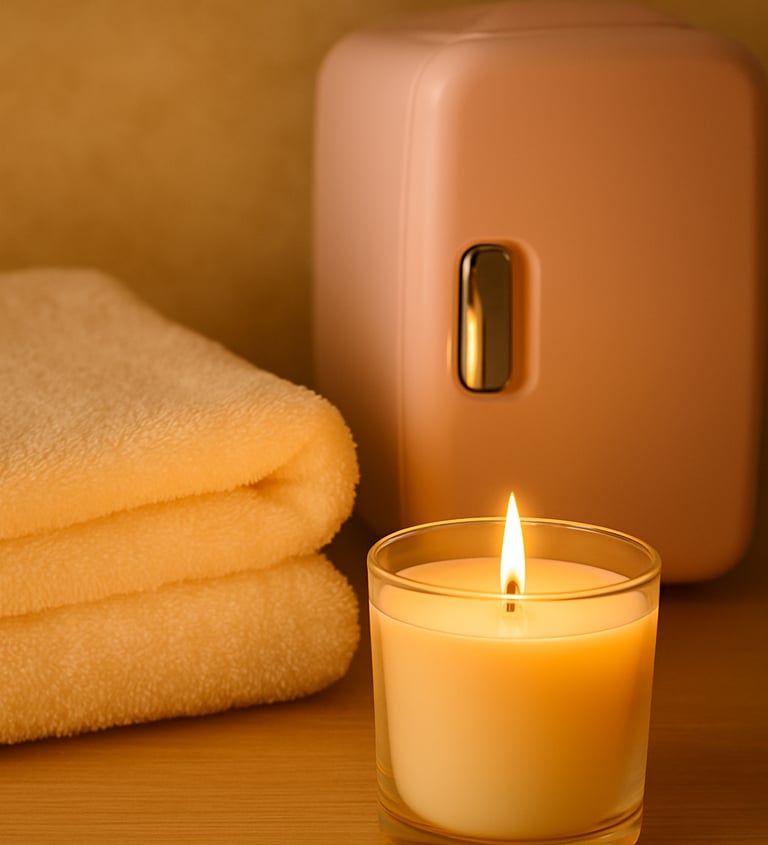 A rose colored skincare fridge with spa towels and an aromatherapy candle.