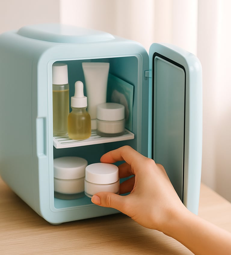 a womans hand reaching into a skincare fridge grabbing a serum.