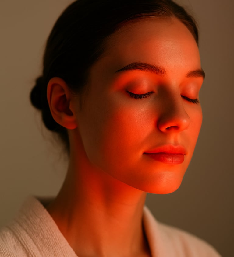 lose-up of a young woman with healthy skin illuminated by soft red LED therapy light