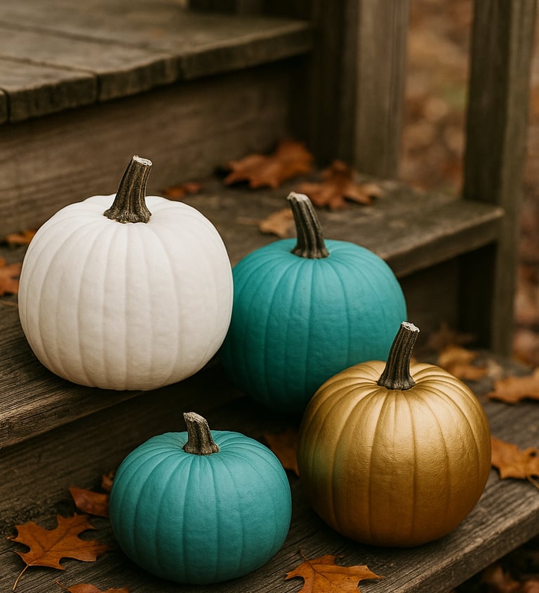 Three pumpkins painted in solid colors — white, teal, and metallic gold