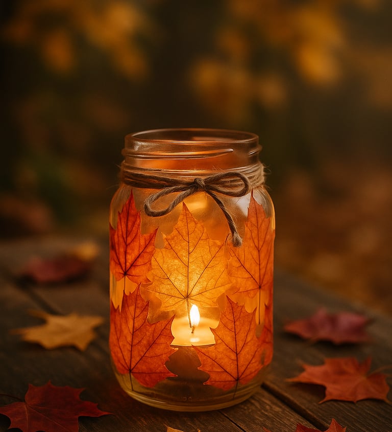 a glowing mason jar lantern decorated with pressed autumn leaves and tied with twine.
