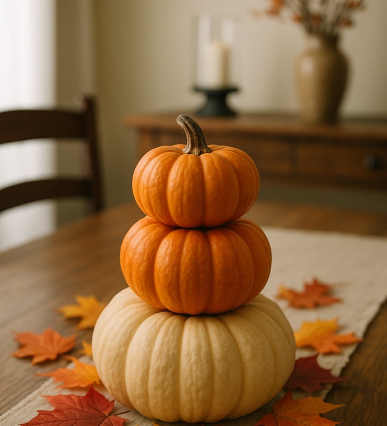 a rustic fall centerpiece with three stacked pumpkins on a wooden dining table