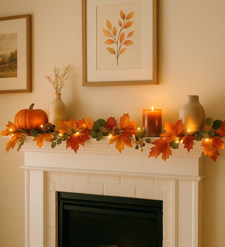 cozy fireplace mantel decorated for fall with a vibrant autumn leaf garland