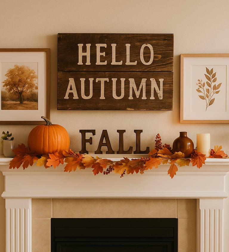 fall mantel decorated with rustic wooden signs that read “HELLO AUTUMN” and “FALL,”