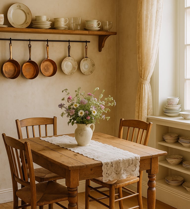 Chateaucore dining room with rustic table, lace runner, vintage china, copper pots, and wildflowers.