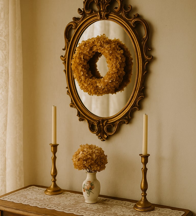 Entryway table with lace runner, brass candlesticks, dried hydrangeas, and a gold-framed mirror.