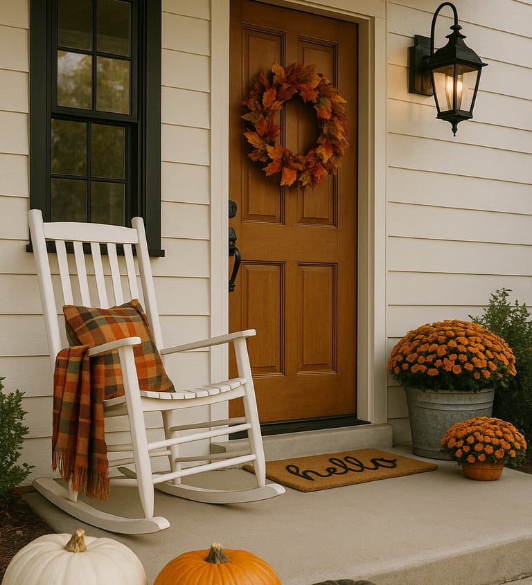 Cozy fall porch with white rocking chair and plaid throw, leaf wreath on wood door, pumpkins