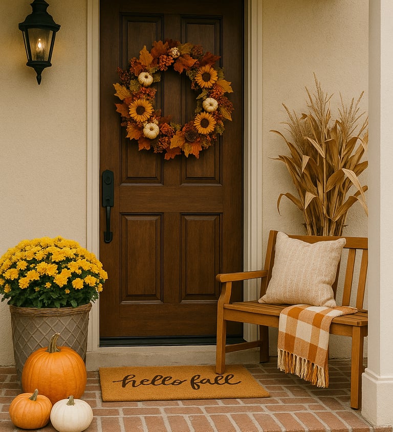 Front door with sunflower-leaf wreath, “hello fall” doormat, cornstalk bundle, bench