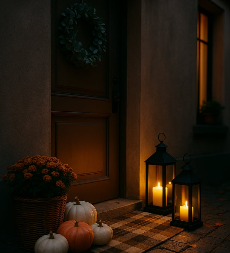 Twilight porch with eucalyptus wreath, layered plaid rug and coir mat, two black lanterns with warm