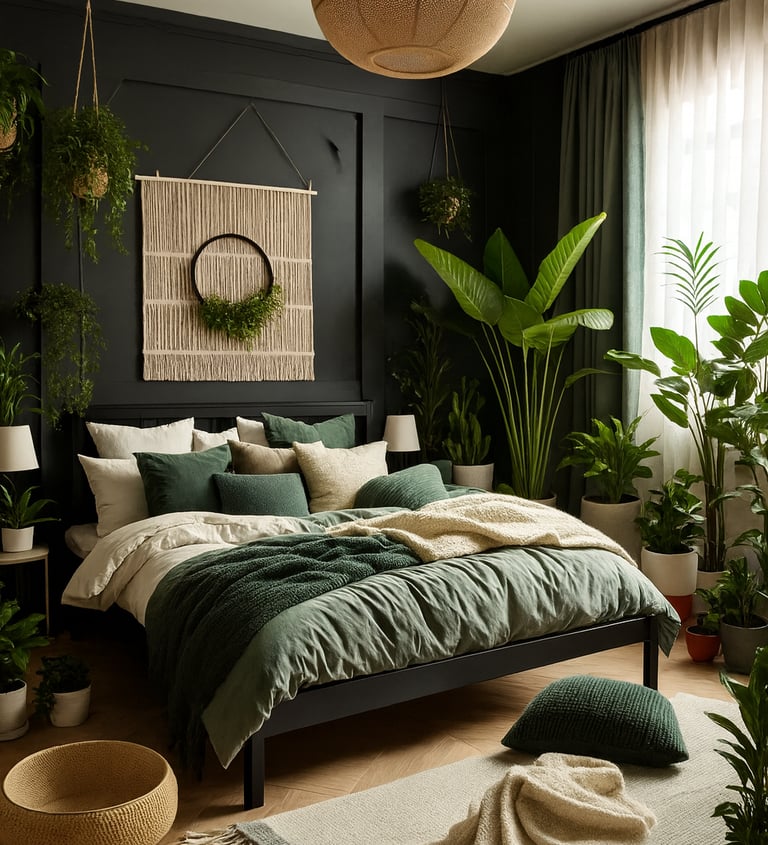 A dark boho bedroom with deep charcoal indigo walls, burnt orange curtains, and warm amber lighting.