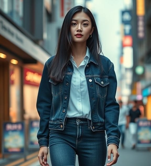 A young woman with dark brown hair wearing a dark denim jacket and high-waisted jeans styled with a 