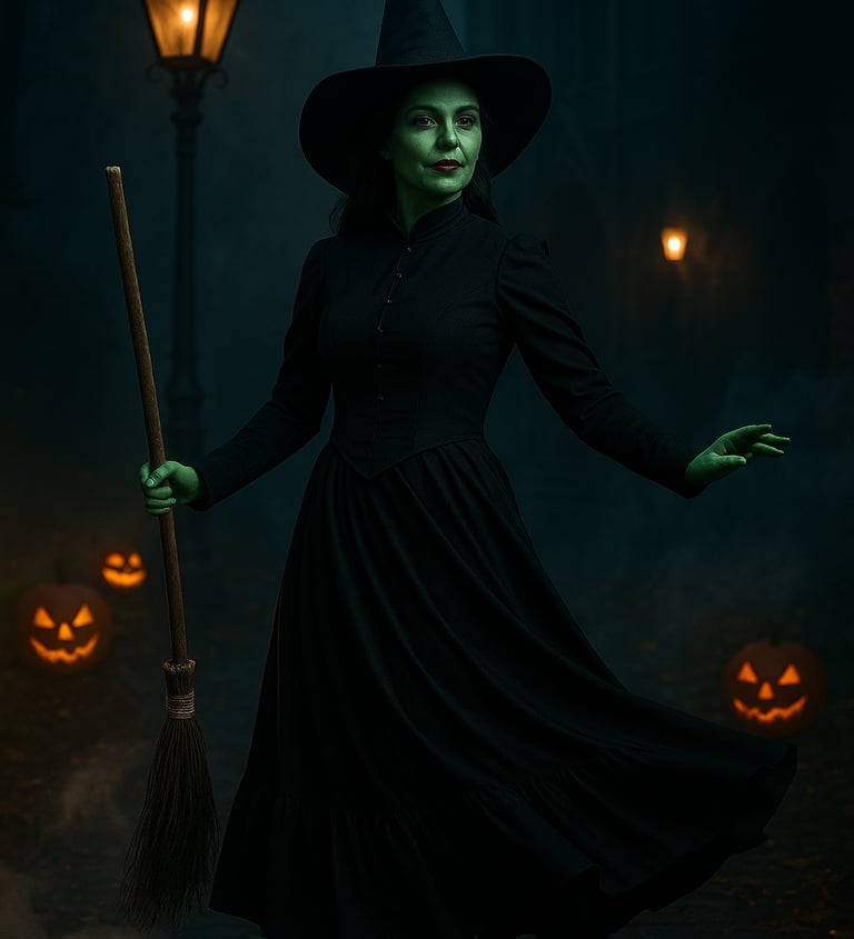 A dramatic woman dressed as Elphaba the Wicked Witch of the West poses in a long black gown.