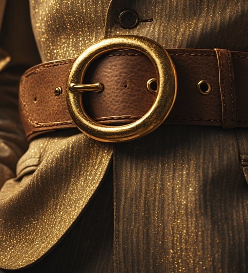 Close-up of a model wearing a massive sculpted leather belt with an oversized gold buckle 