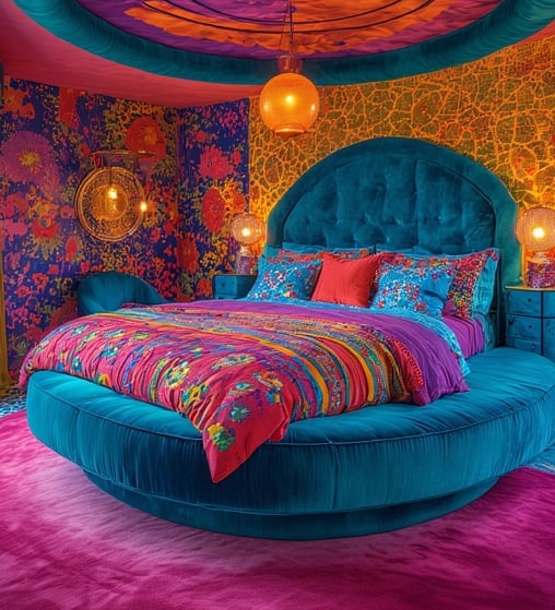 Funhaus Centered sculptural round bed upholstered in rich teal velvet, layered with colorful pattern