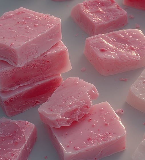 Hot pink neon soap bars with ultra-glossy, glass-like surfaces. Minimal pop-art styling 