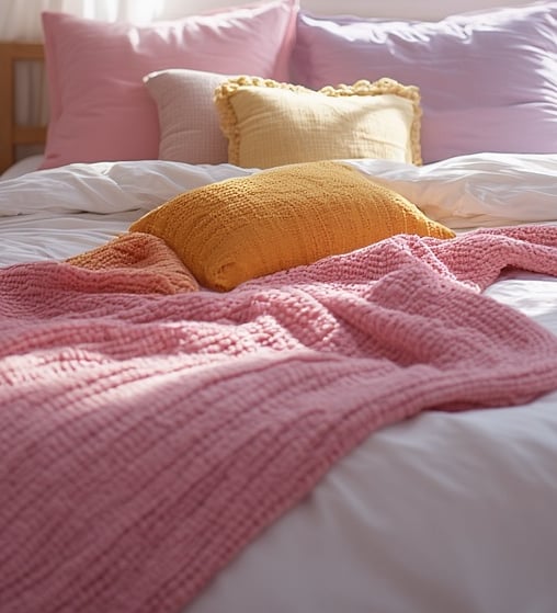 Rose pink bedding and throw blanket in a cozy bedroom