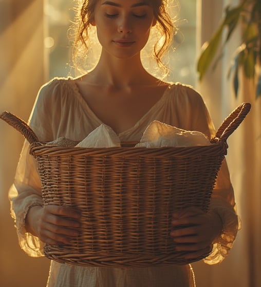woman holding a woven declutter basket, soft golden afternoon light.