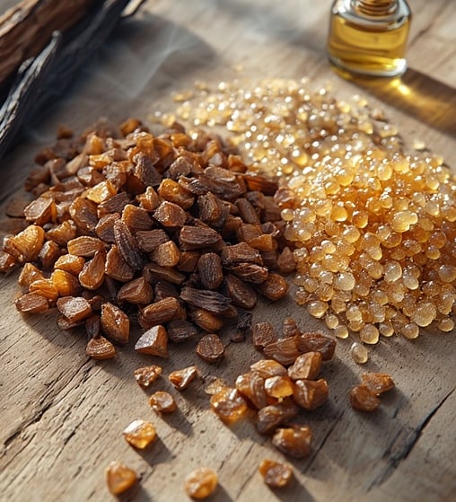 Scent-Stacking Flat-lay featuring vanilla pods, sandalwood chips, amber resin, musk pearls