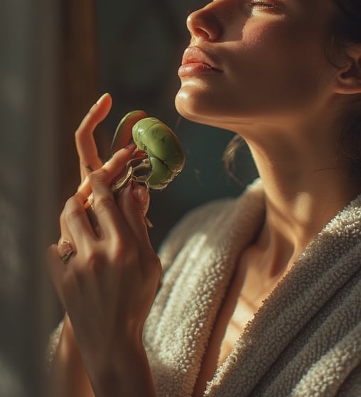 Woman in a soft robe standing at her bathroom mirror using a jade roller