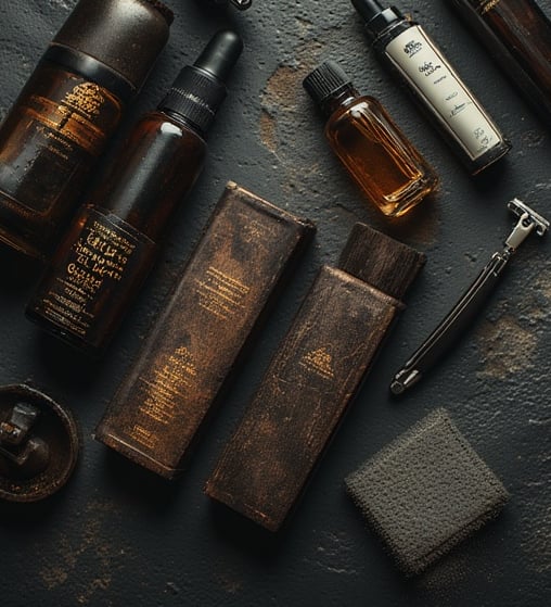 Men’s grooming flat-lay featuring beard oil, trimmer, razor, and skincare bottles on a dark stone