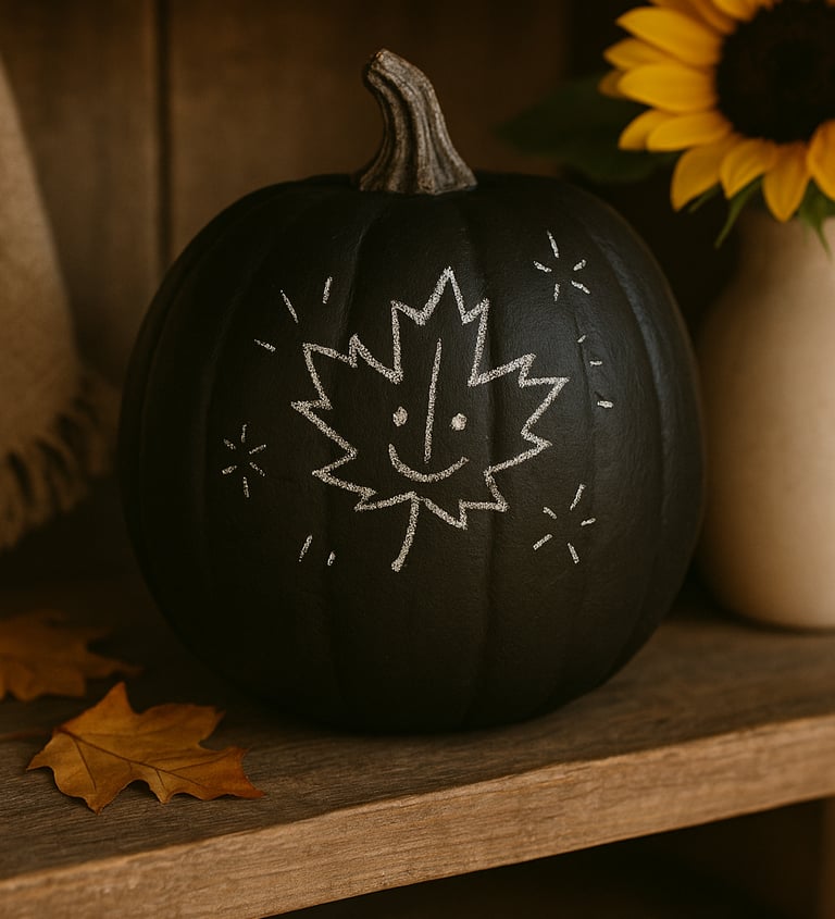 Black chalkboard pumpkin with a white chalk doodle of a smiling leaf, displayed on a rustic wooden 